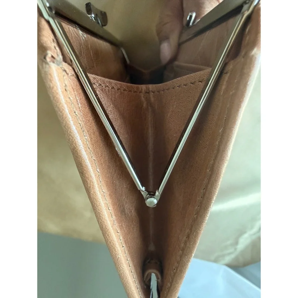 Abas Tan Leather Frame Wallet Kiss Lock Clutch Silver Hardware Tan Brown